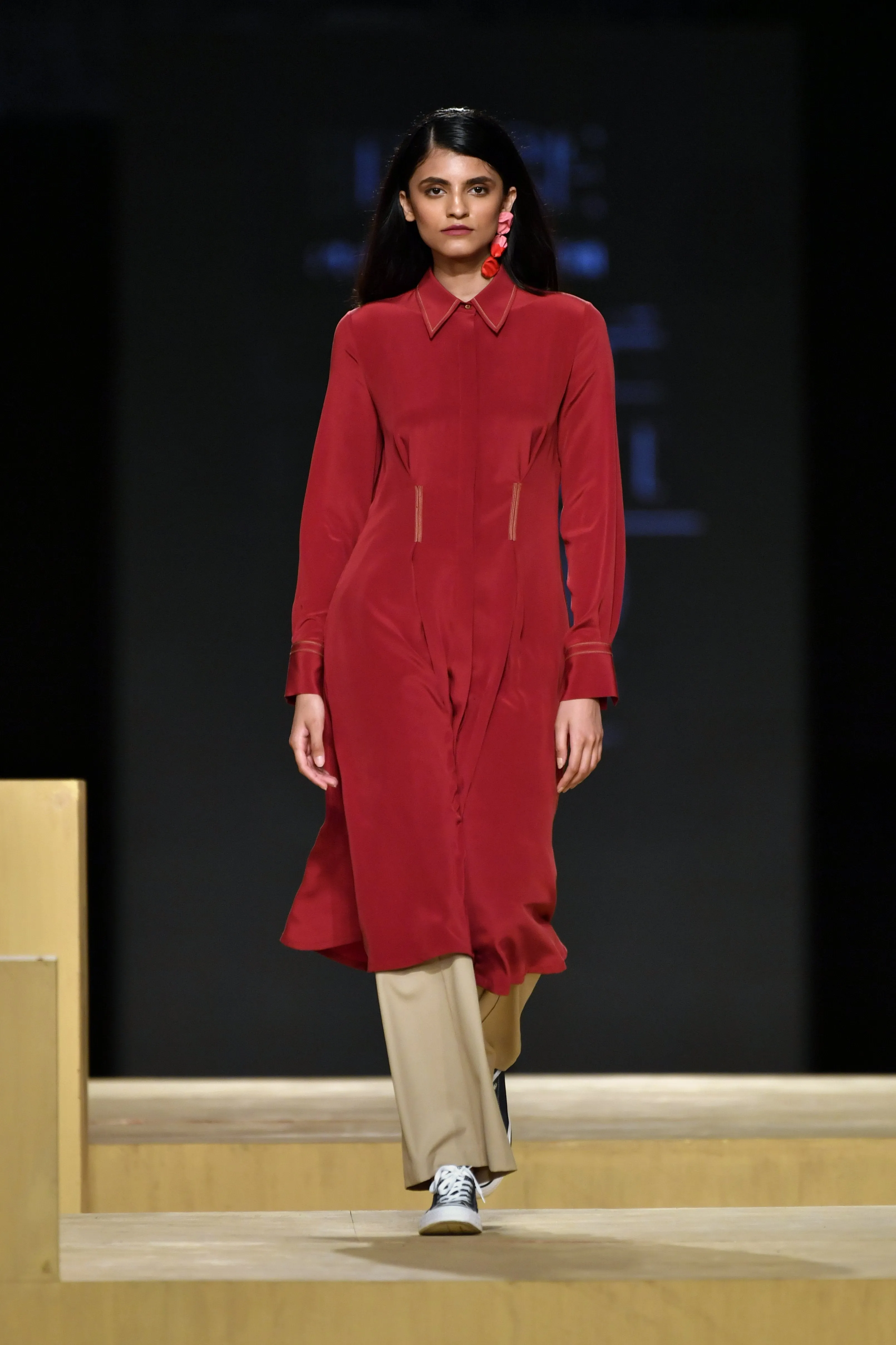 Silk Shirt Dress with Frontal Pleats
