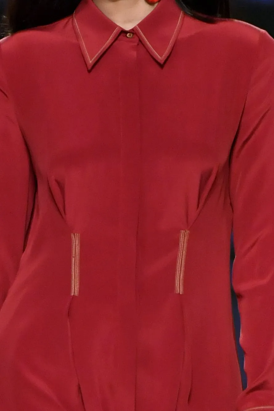 Silk Shirt Dress with Frontal Pleats