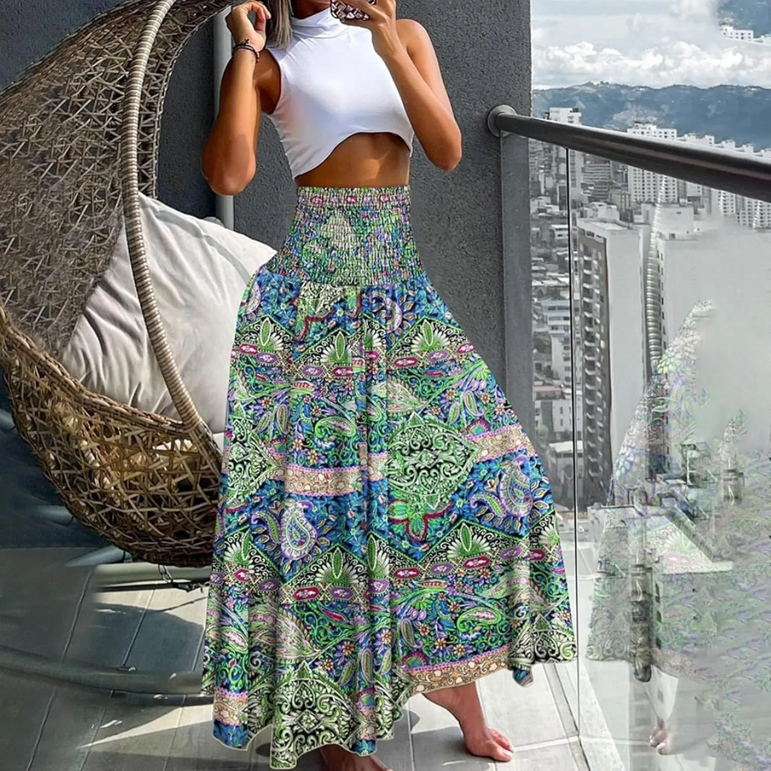 Skirts for Women Trendy Summer Ruffle Smocked High Waist Stretch Bohemian Skirt Fashion Floral Print Boho Maxi Skirts