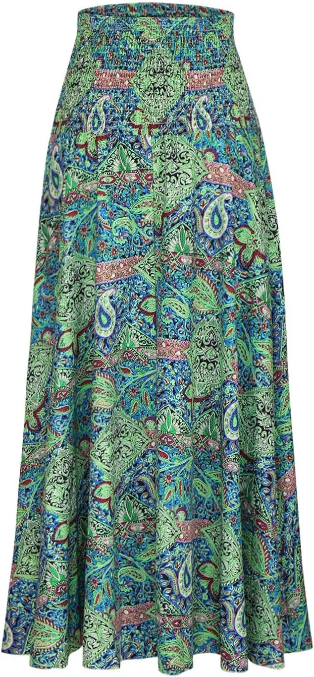Skirts for Women Trendy Summer Ruffle Smocked High Waist Stretch Bohemian Skirt Fashion Floral Print Boho Maxi Skirts