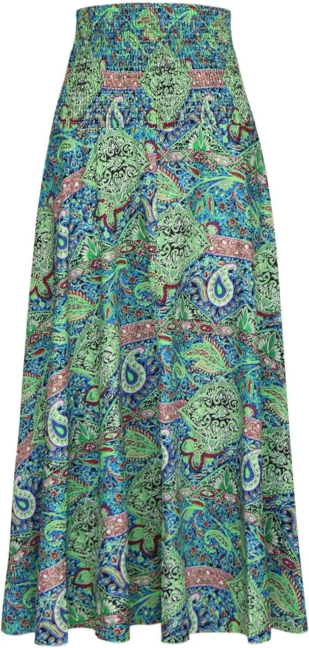Skirts for Women Trendy Summer Ruffle Smocked High Waist Stretch Bohemian Skirt Fashion Floral Print Boho Maxi Skirts