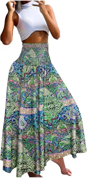 Skirts for Women Trendy Summer Ruffle Smocked High Waist Stretch Bohemian Skirt Fashion Floral Print Boho Maxi Skirts