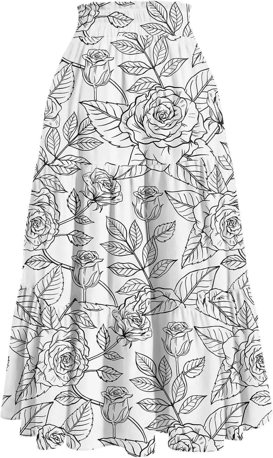 Skirts for Women Trendy Summer Tiered Elastic High Waisted Floral Skirt Vacation A Line Drawstring Flowy Long Skirts