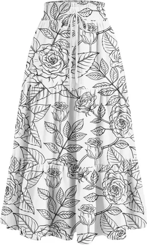 Skirts for Women Trendy Summer Tiered Elastic High Waisted Floral Skirt Vacation A Line Drawstring Flowy Long Skirts