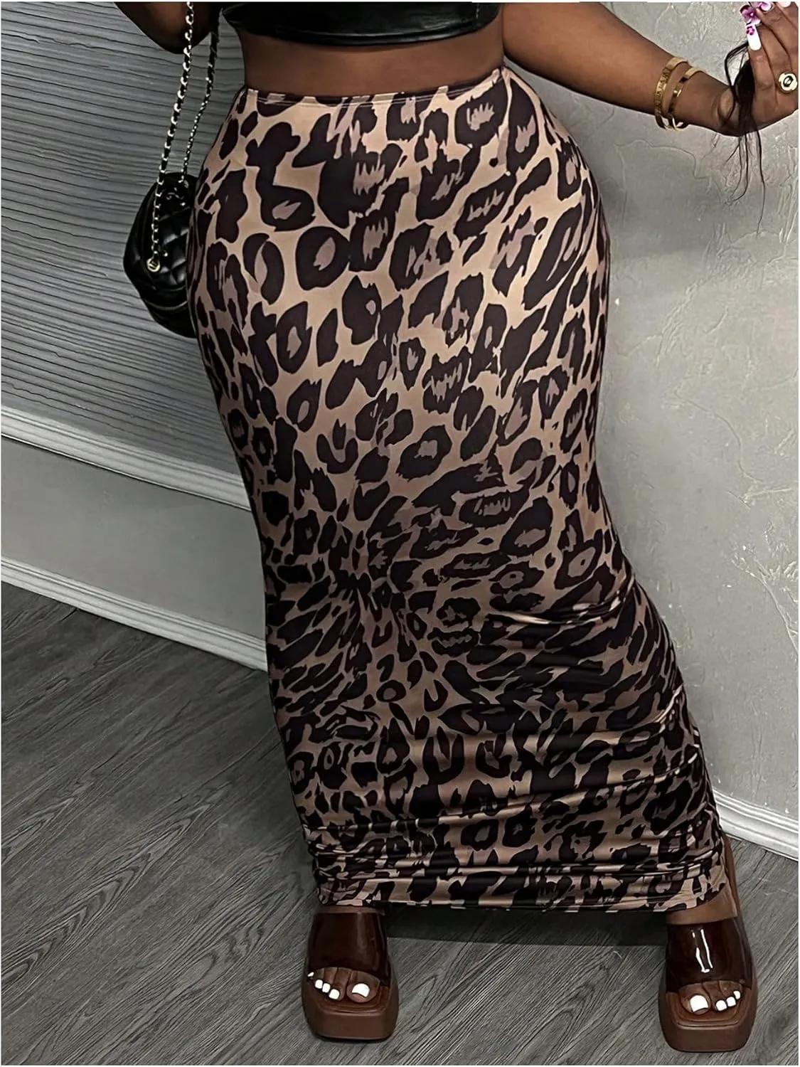 SOLY HUX Women's Leopard Print Maxi Skirt Elastic Waist Bodycon Pencil Skirts