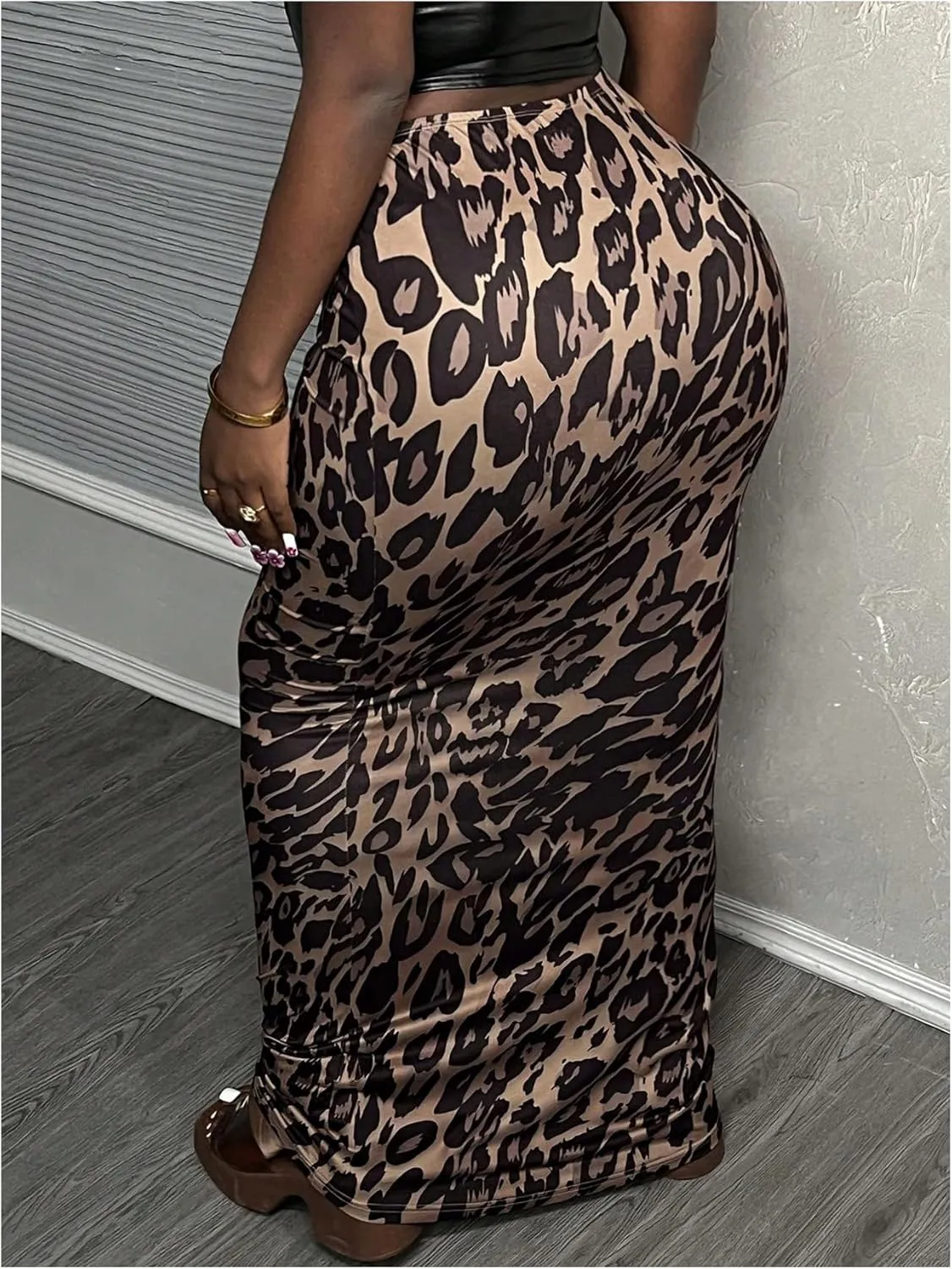 SOLY HUX Women's Leopard Print Maxi Skirt Elastic Waist Bodycon Pencil Skirts