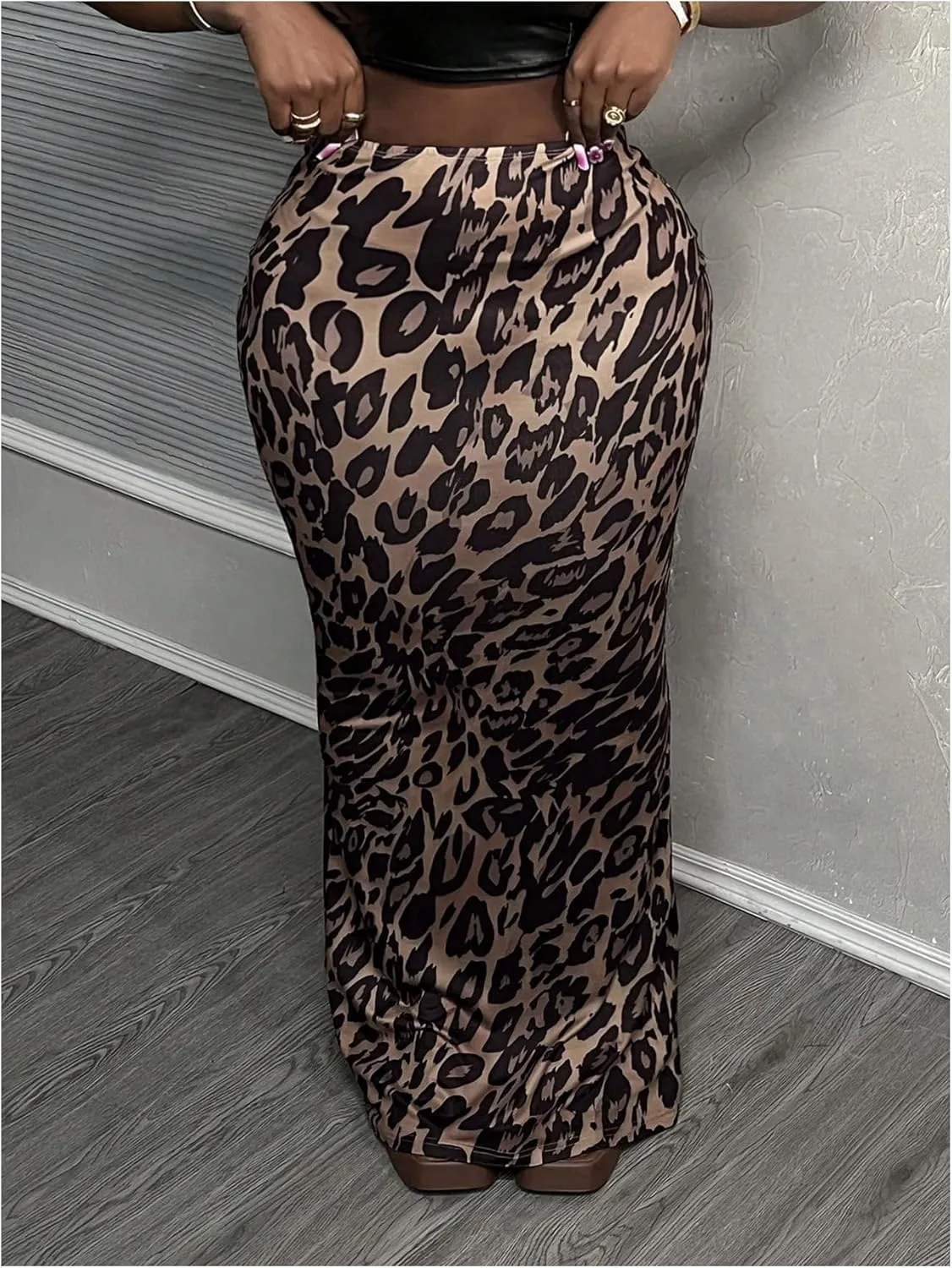 SOLY HUX Women's Leopard Print Maxi Skirt Elastic Waist Bodycon Pencil Skirts