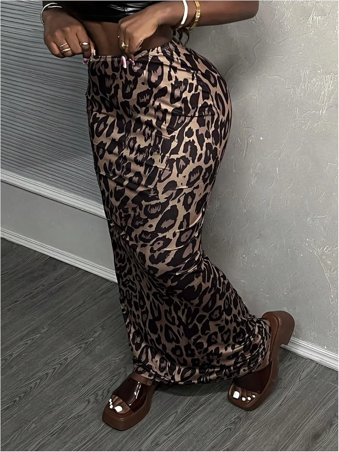 SOLY HUX Women's Leopard Print Maxi Skirt Elastic Waist Bodycon Pencil Skirts