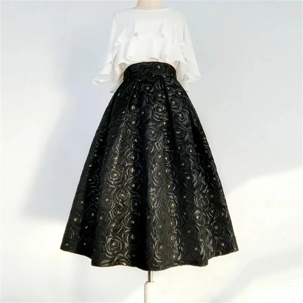 Spring Autumn Jacquare Party Gown Skirts Women High Waist Midi Skirts