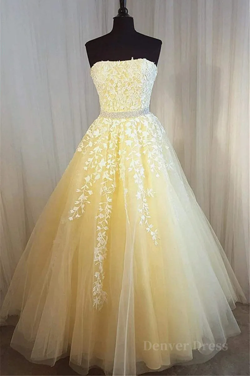 Strapless Yellow Lace Long Prom Dress Yellow Lace Formal Graduation Evening Dress Yellow Ball Gown