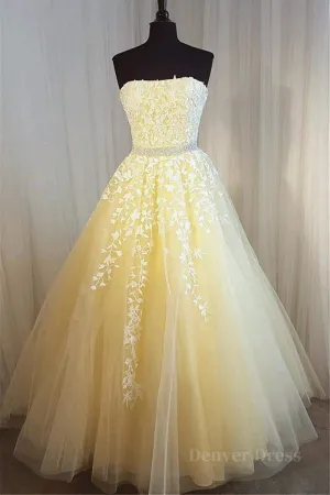 Strapless Yellow Lace Long Prom Dress Yellow Lace Formal Graduation Evening Dress Yellow Ball Gown