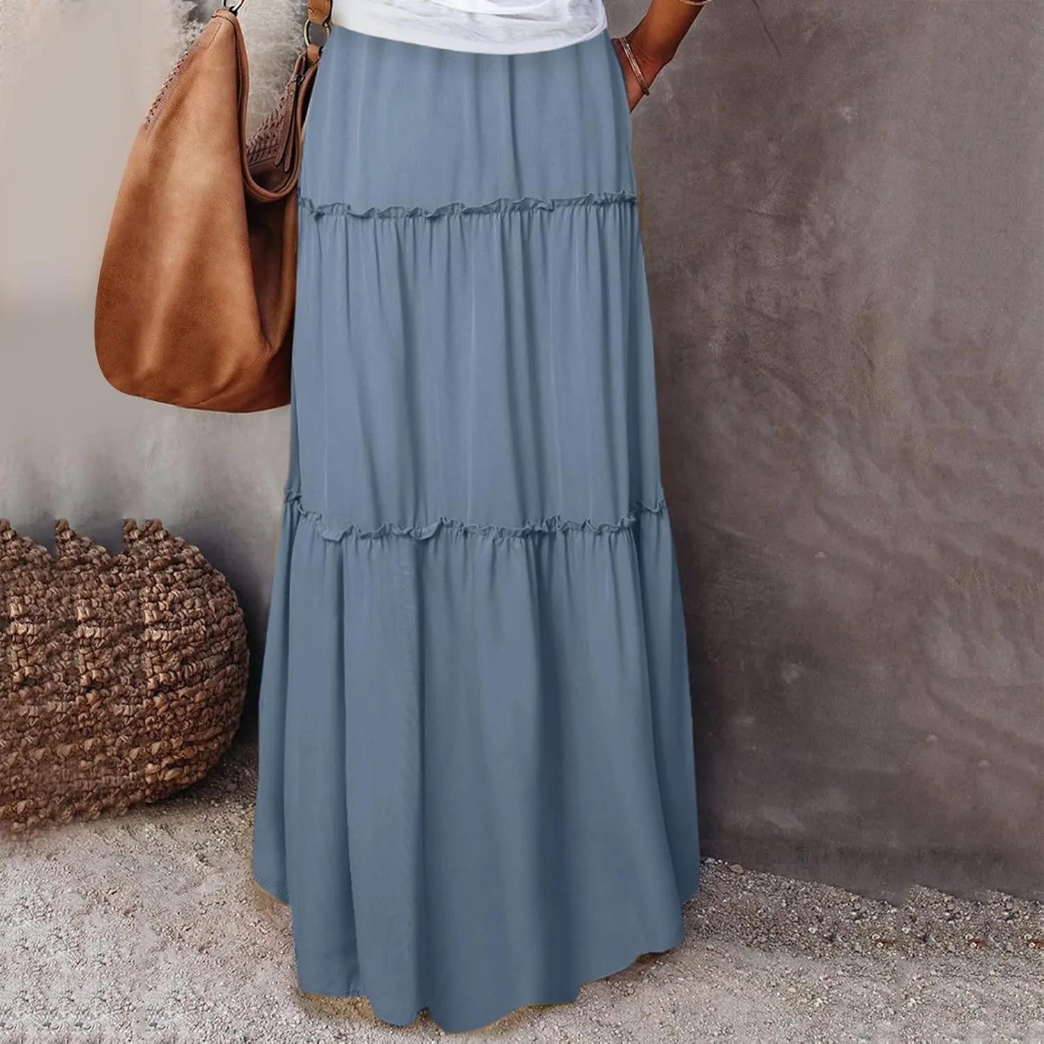 Summer Boho Floral Mixi Skirts for Women Girls A-Line Long Pleated Waist Flowy Swing Tiered Long Skirt with Pockets