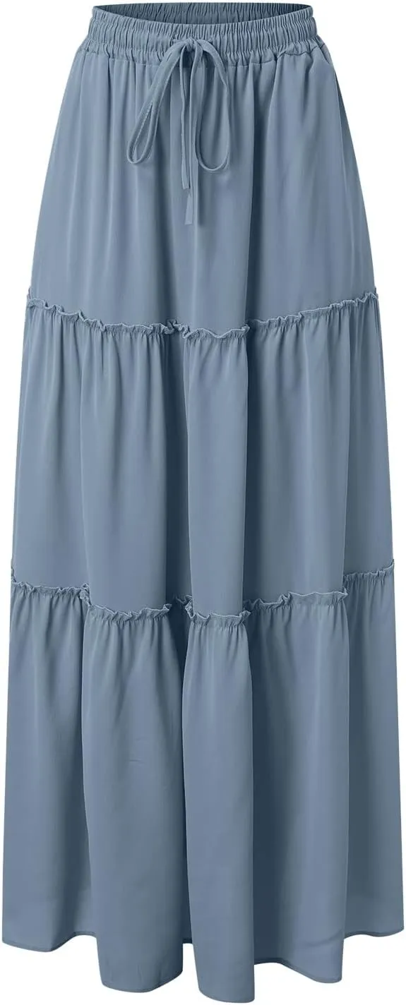 Summer Boho Floral Mixi Skirts for Women Girls A-Line Long Pleated Waist Flowy Swing Tiered Long Skirt with Pockets