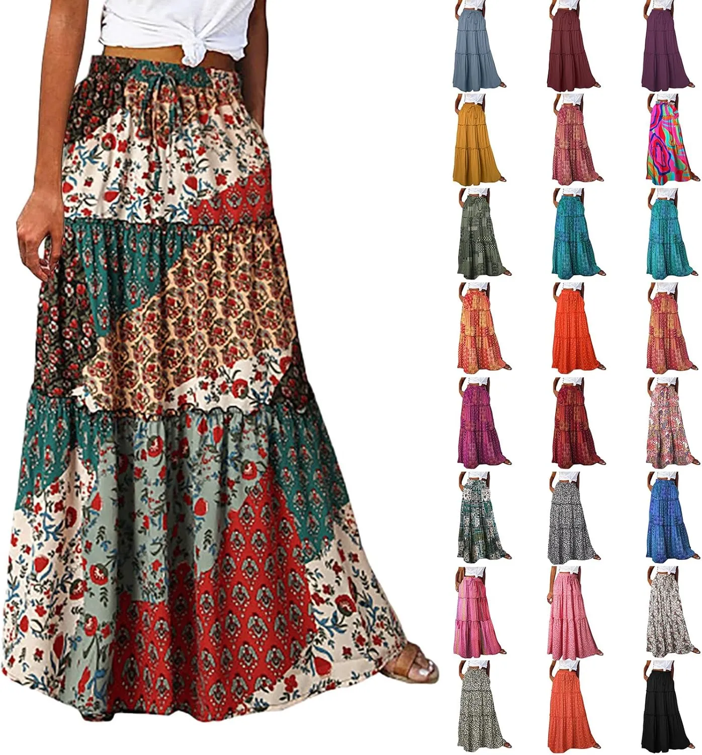 Summer Boho Floral Mixi Skirts for Women Girls A-Line Long Pleated Waist Flowy Swing Tiered Long Skirt with Pockets