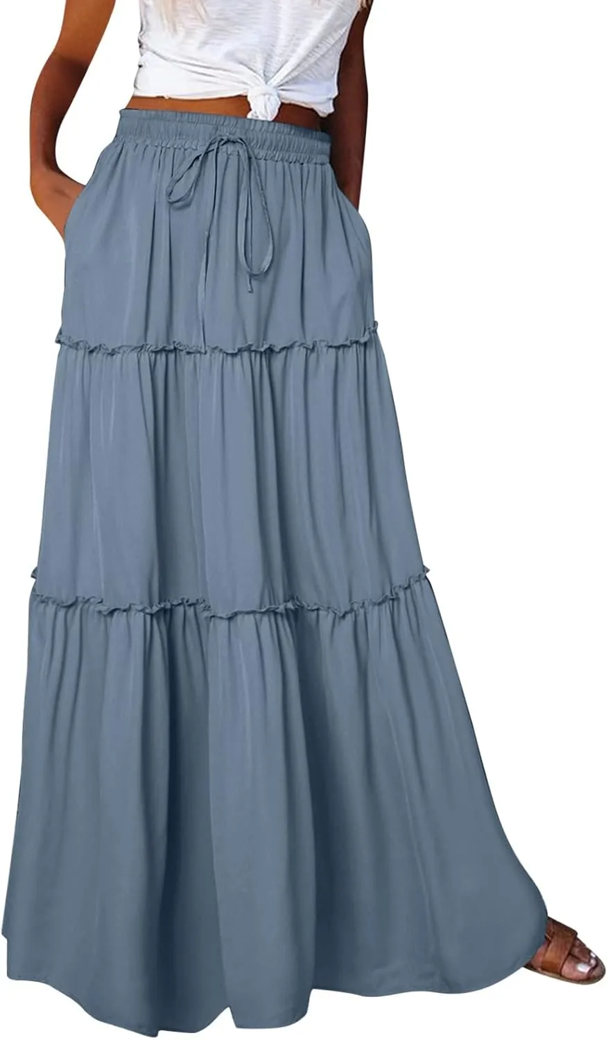 Summer Boho Floral Mixi Skirts for Women Girls A-Line Long Pleated Waist Flowy Swing Tiered Long Skirt with Pockets
