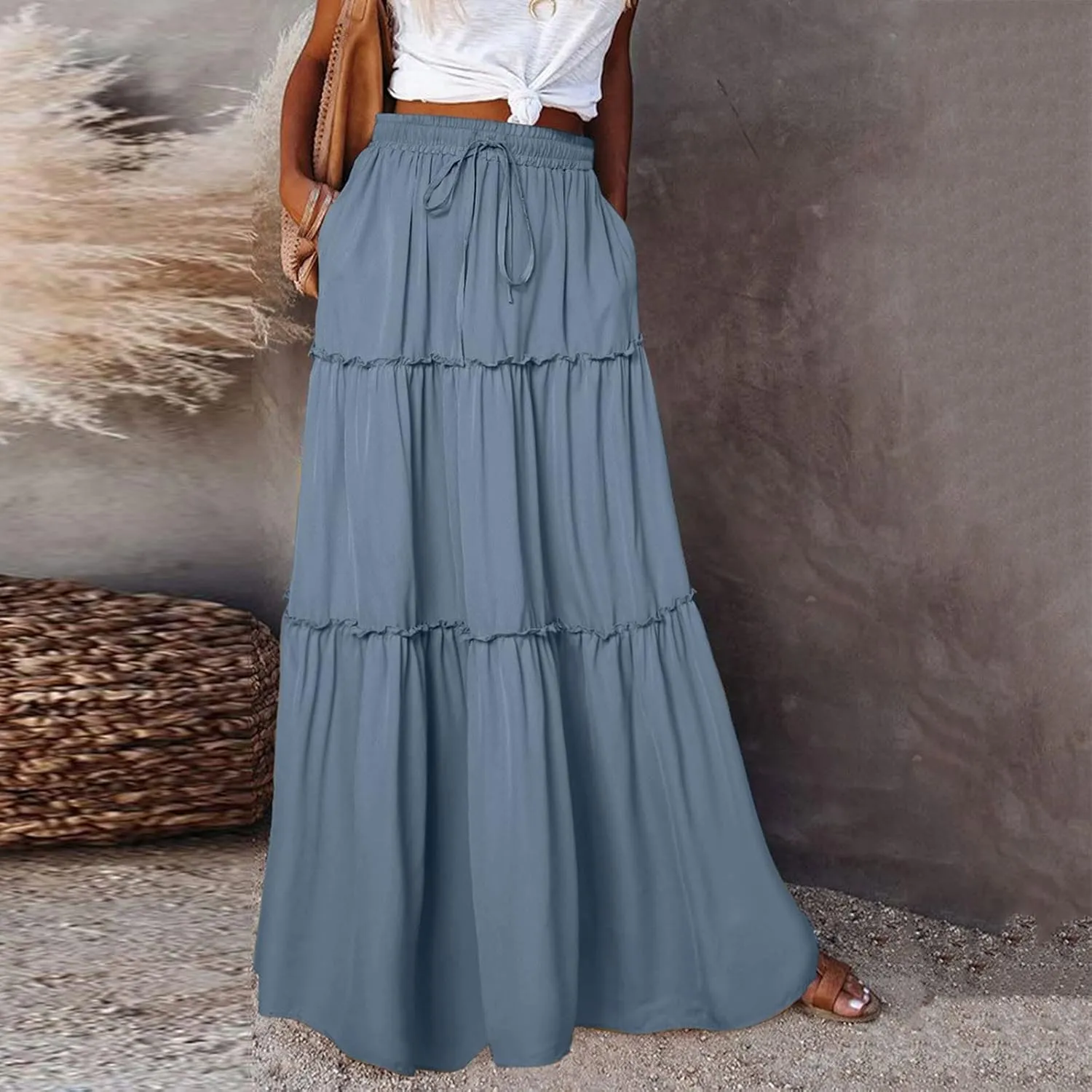 Summer Boho Floral Mixi Skirts for Women Girls A-Line Long Pleated Waist Flowy Swing Tiered Long Skirt with Pockets