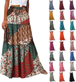 Summer Boho Floral Mixi Skirts for Women Girls A-Line Long Pleated Waist Flowy Swing Tiered Long Skirt with Pockets
