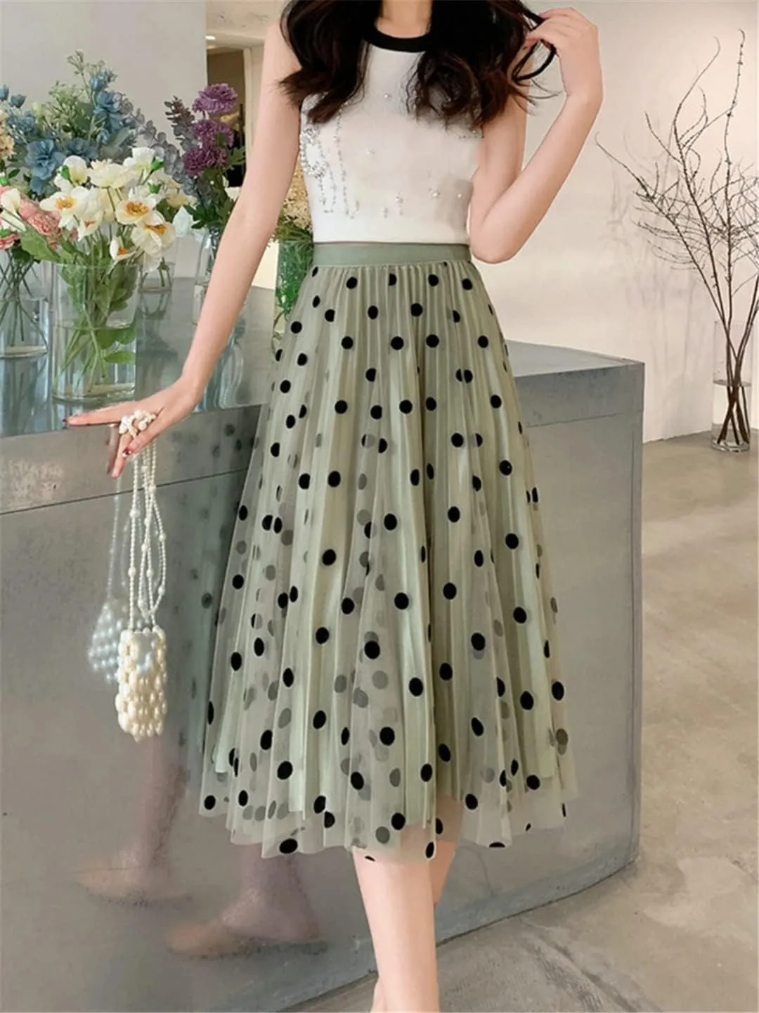 Summer Fashion Women Mesh Tulle Skirts Fashion Midi Pleated Skirt