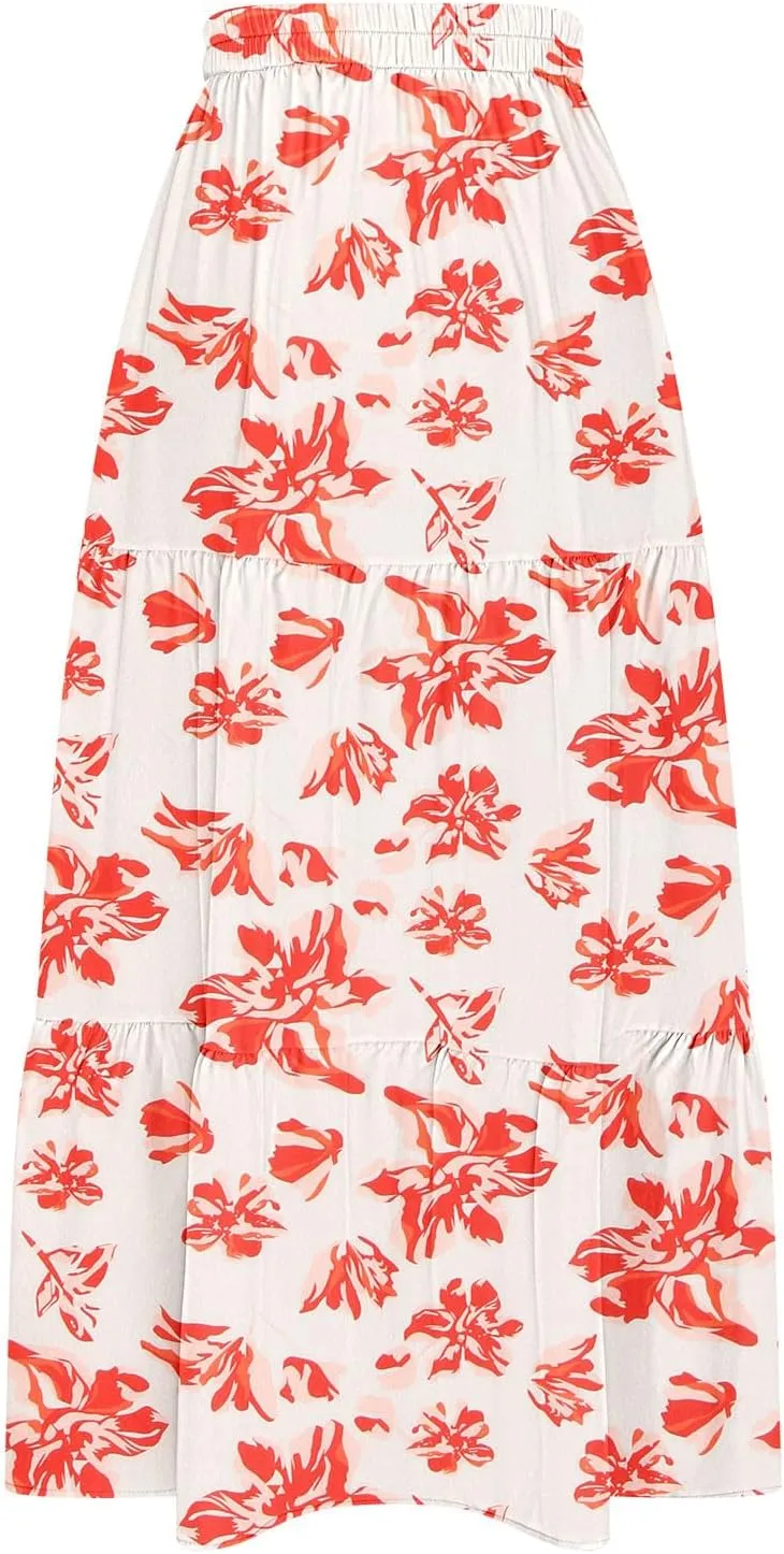 Summer Floral Print Midi Skirt for Women Tiered Long Skirt Elastic High Waist Pleated Skirts Casual Side Split Trendy Skirts