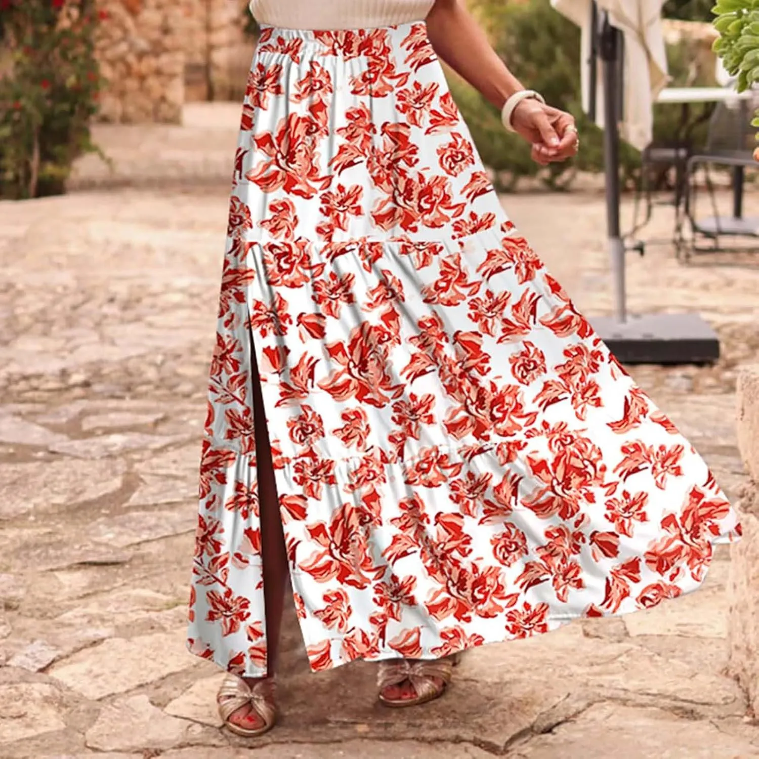 Summer Floral Print Midi Skirt for Women Tiered Long Skirt Elastic High Waist Pleated Skirts Casual Side Split Trendy Skirts