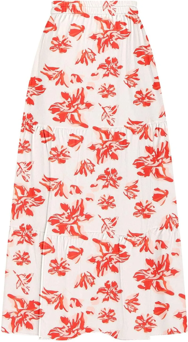 Summer Floral Print Midi Skirt for Women Tiered Long Skirt Elastic High Waist Pleated Skirts Casual Side Split Trendy Skirts