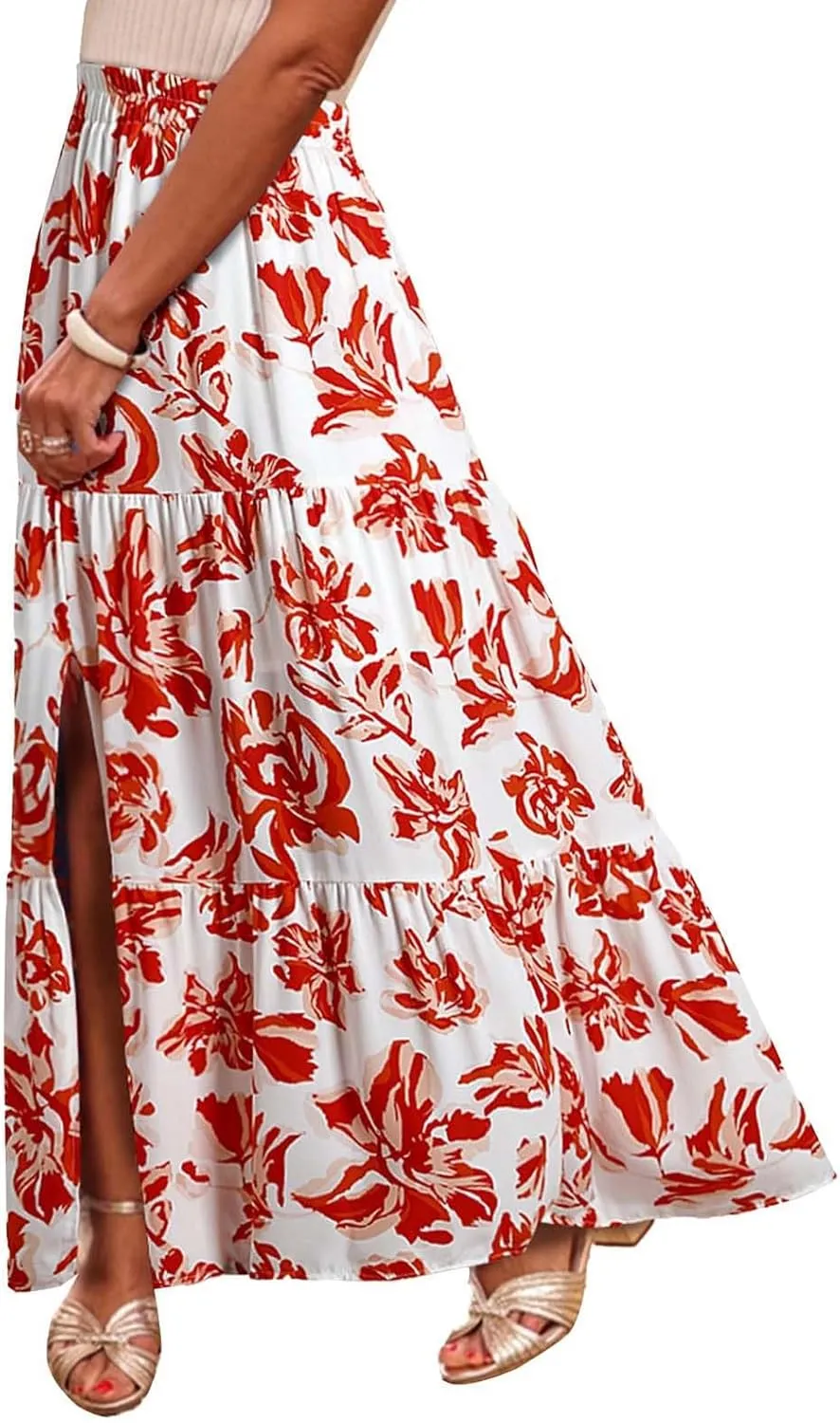 Summer Floral Print Midi Skirt for Women Tiered Long Skirt Elastic High Waist Pleated Skirts Casual Side Split Trendy Skirts