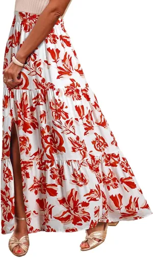 Summer Floral Print Midi Skirt for Women Tiered Long Skirt Elastic High Waist Pleated Skirts Casual Side Split Trendy Skirts