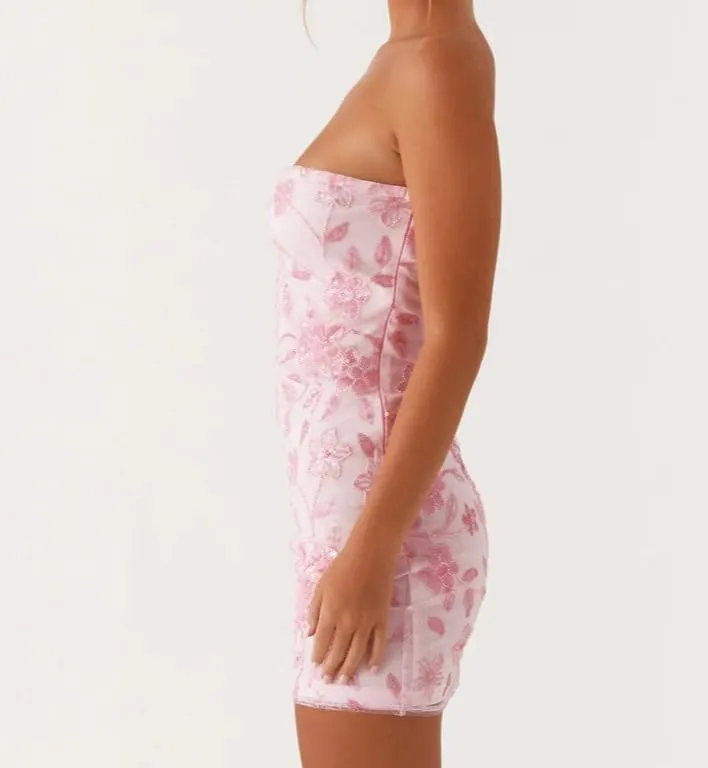 Summer Sequin Floral Embroidered Strapless Bodycon Mini Dresses Cute Coquette Y2k Clothes
