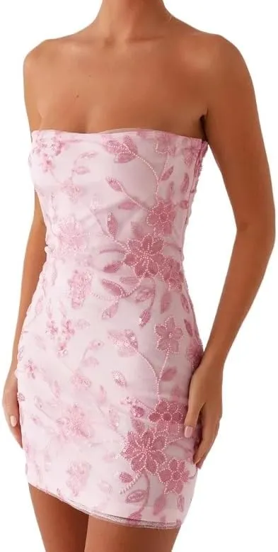 Summer Sequin Floral Embroidered Strapless Bodycon Mini Dresses Cute Coquette Y2k Clothes