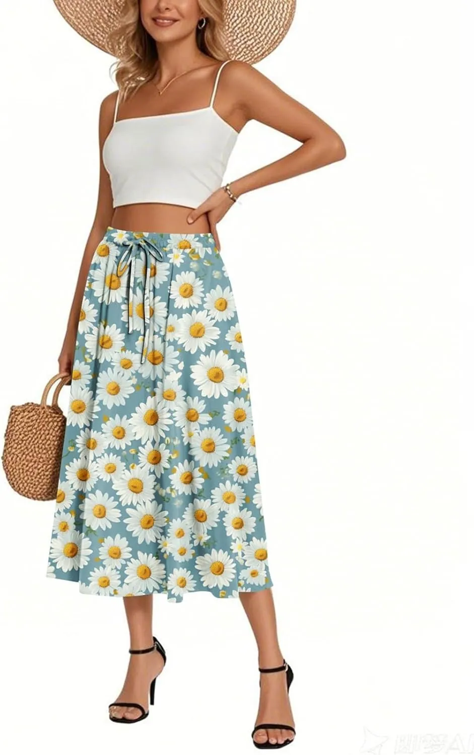 Summer Skirt for Women 2025 Elastic Waist Drawstring Floral Pattern A-Line Skirts with Pockets Elegant Skirt