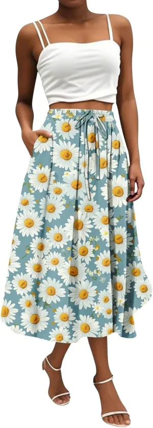 Summer Skirt for Women 2025 Elastic Waist Drawstring Floral Pattern A-Line Skirts with Pockets Elegant Skirt