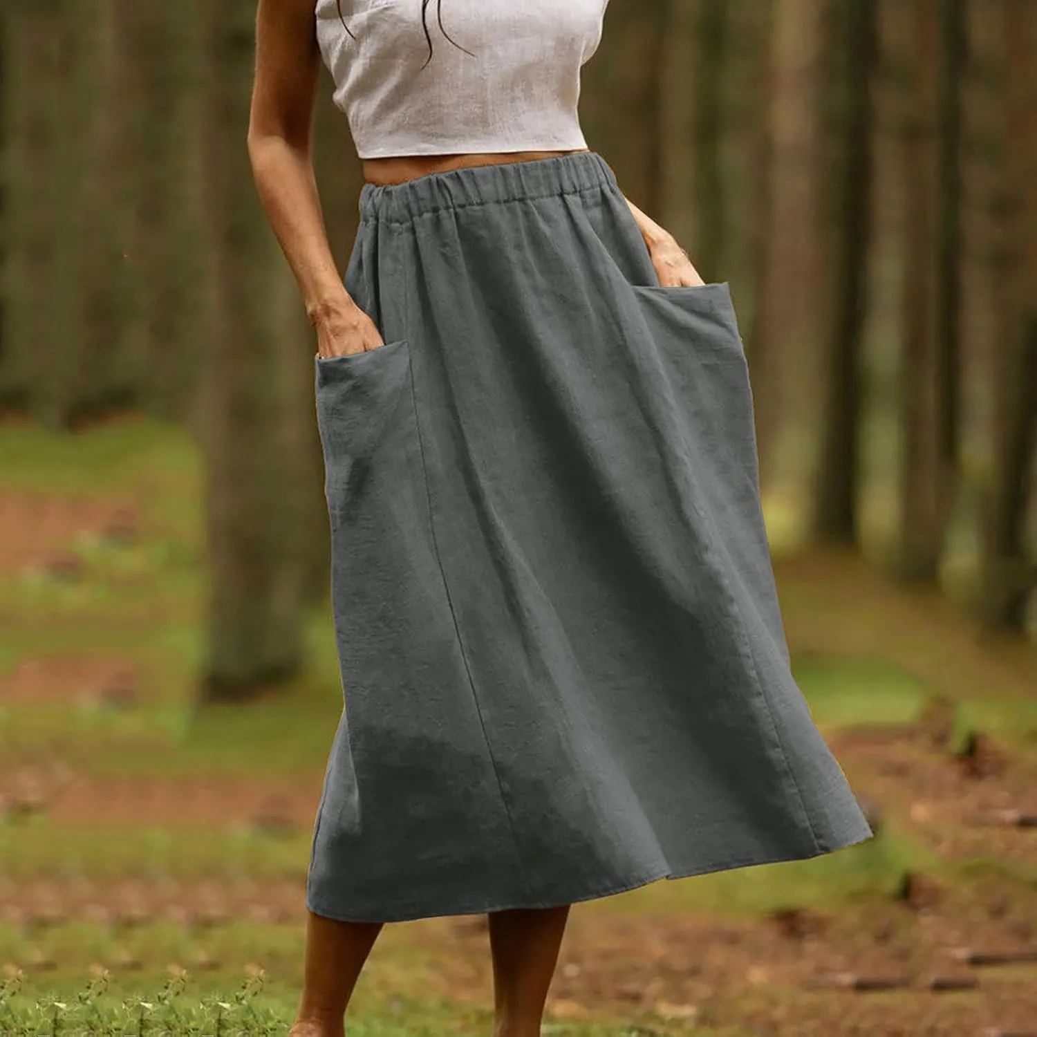 Summer Skirts for Women 2025 Trendy Soft Elastic Waisted Linen Skirt Midi Length Flowy Pleated Beach Maxi Skirt