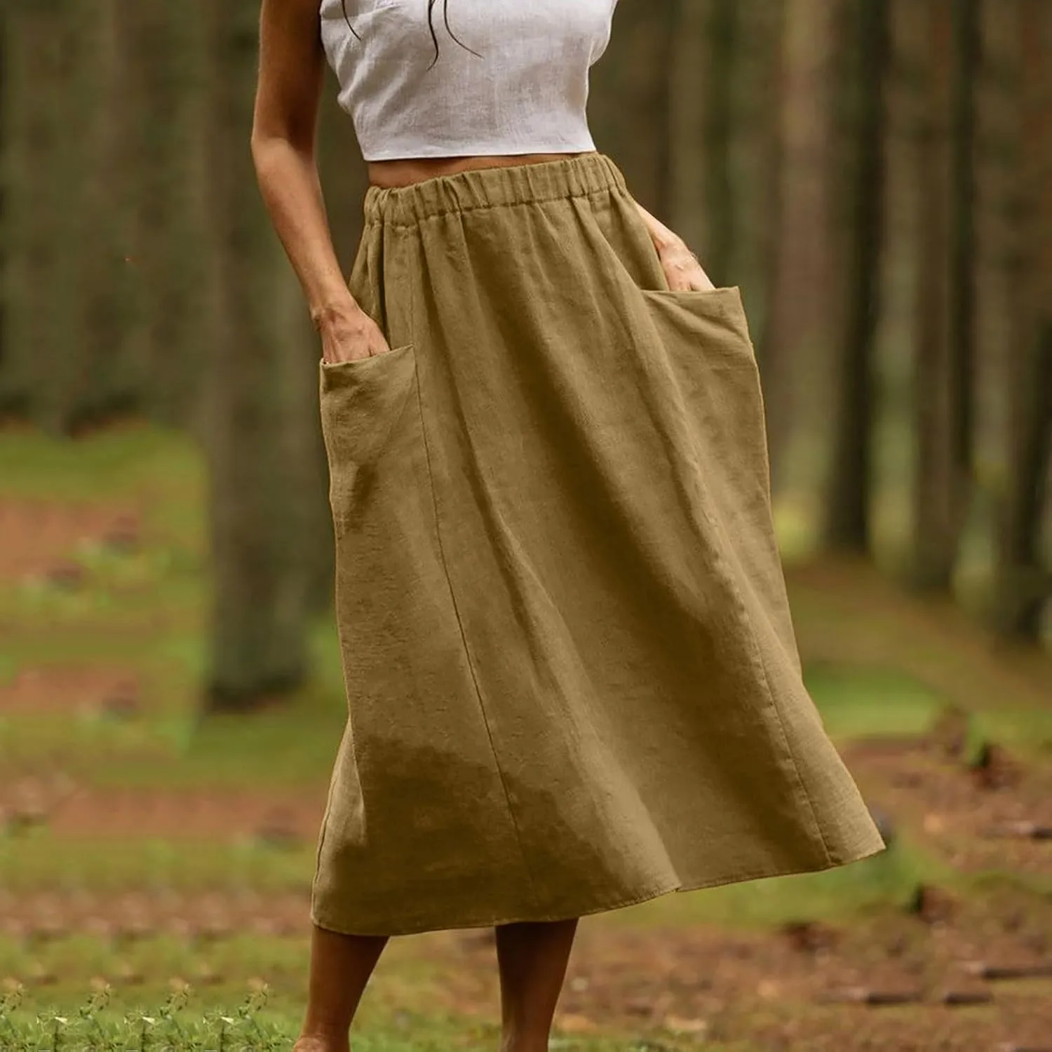Summer Skirts for Women 2025 Trendy Soft Elastic Waisted Linen Skirt Midi Length Flowy Pleated Beach Maxi Skirt