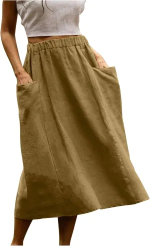Summer Skirts for Women 2025 Trendy Soft Elastic Waisted Linen Skirt Midi Length Flowy Pleated Beach Maxi Skirt