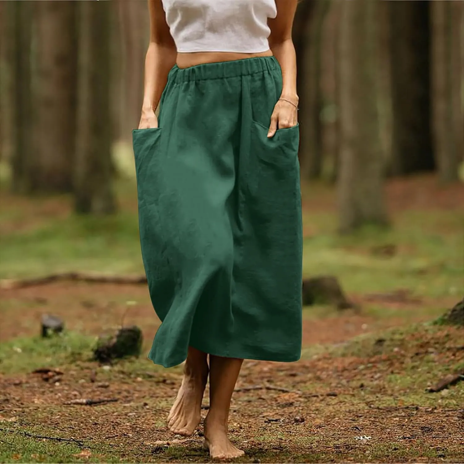 Summer Skirts for Women 2025 Trendy Soft Elastic Waisted Linen Skirt Midi Length Flowy Pleated Beach Maxi Skirt