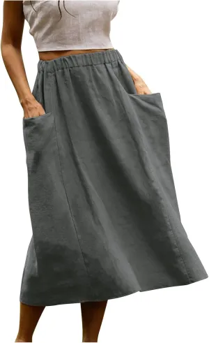 Summer Skirts for Women 2025 Trendy Soft Elastic Waisted Linen Skirt Midi Length Flowy Pleated Beach Maxi Skirt