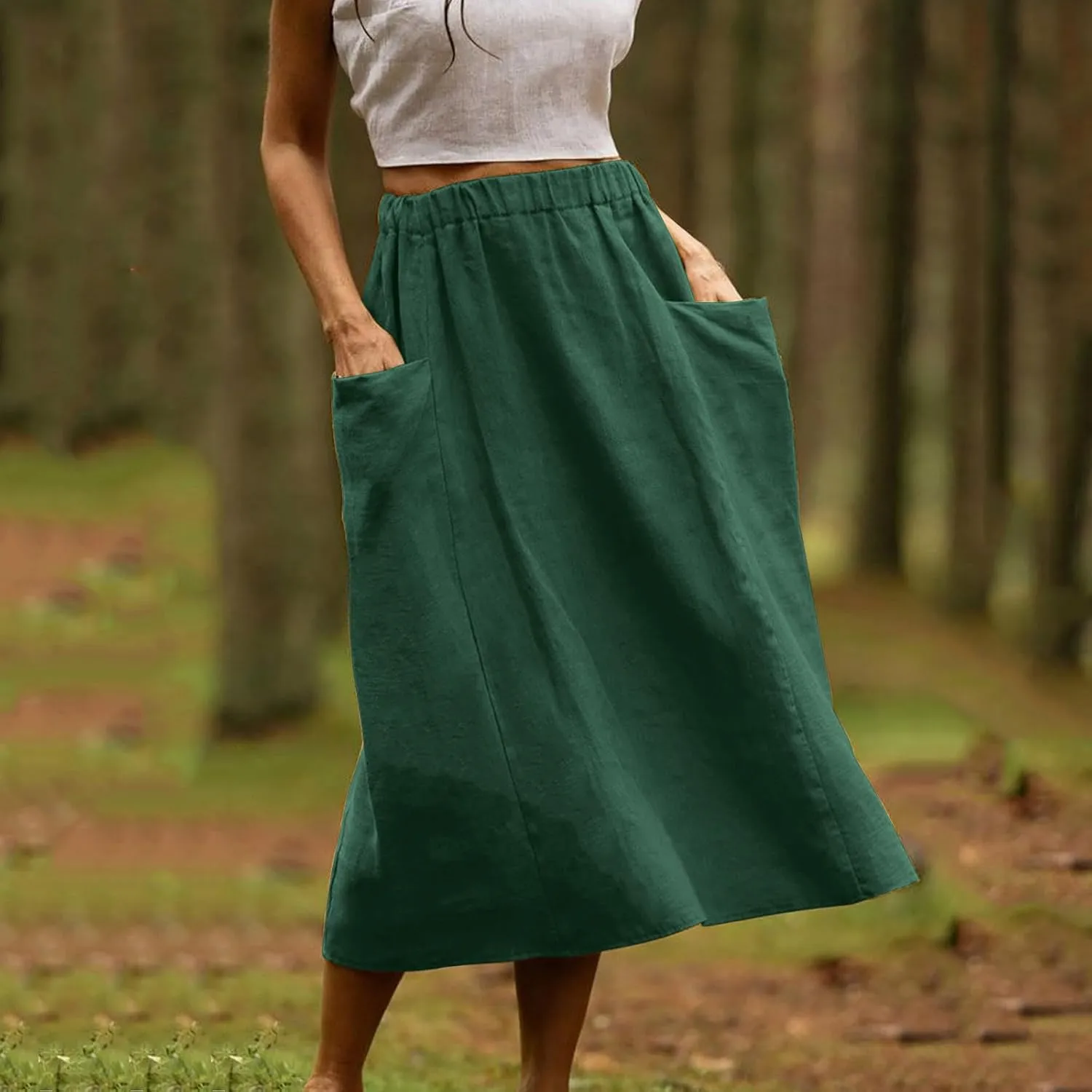 Summer Skirts for Women 2025 Trendy Soft Elastic Waisted Linen Skirt Midi Length Flowy Pleated Beach Maxi Skirt