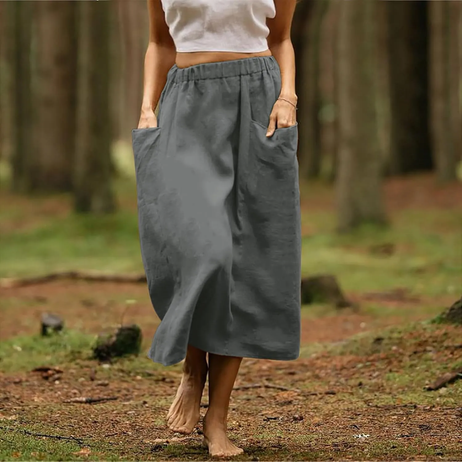 Summer Skirts for Women 2025 Trendy Soft Elastic Waisted Linen Skirt Midi Length Flowy Pleated Beach Maxi Skirt
