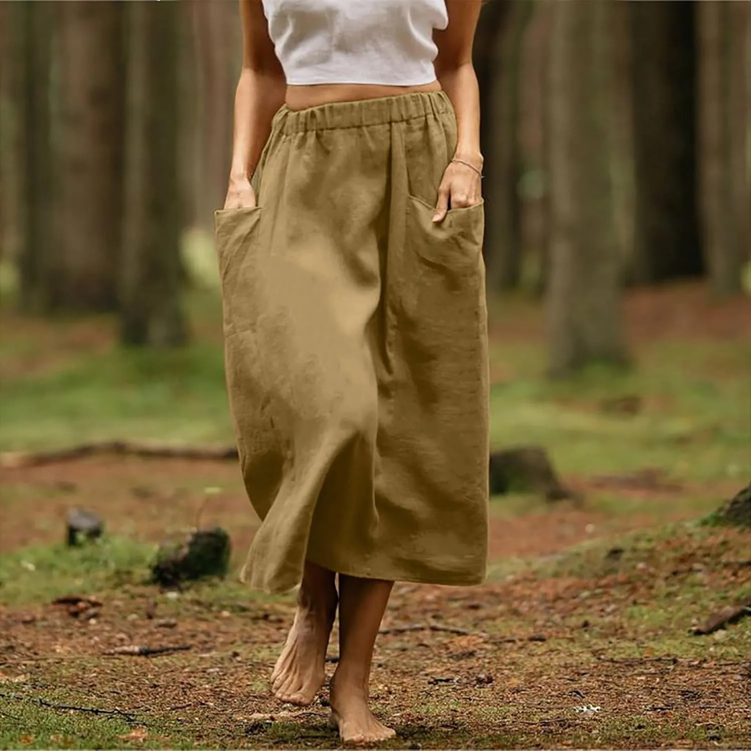 Summer Skirts for Women 2025 Trendy Soft Elastic Waisted Linen Skirt Midi Length Flowy Pleated Beach Maxi Skirt