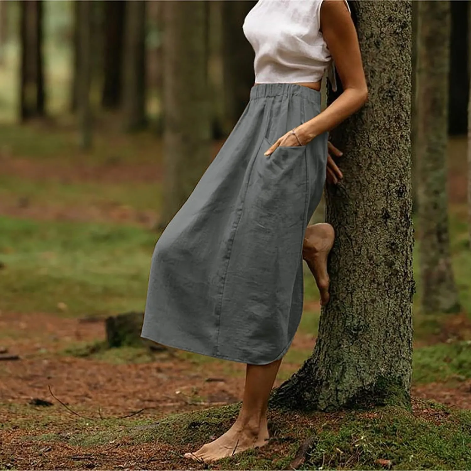 Summer Skirts for Women 2025 Trendy Soft Elastic Waisted Linen Skirt Midi Length Flowy Pleated Beach Maxi Skirt