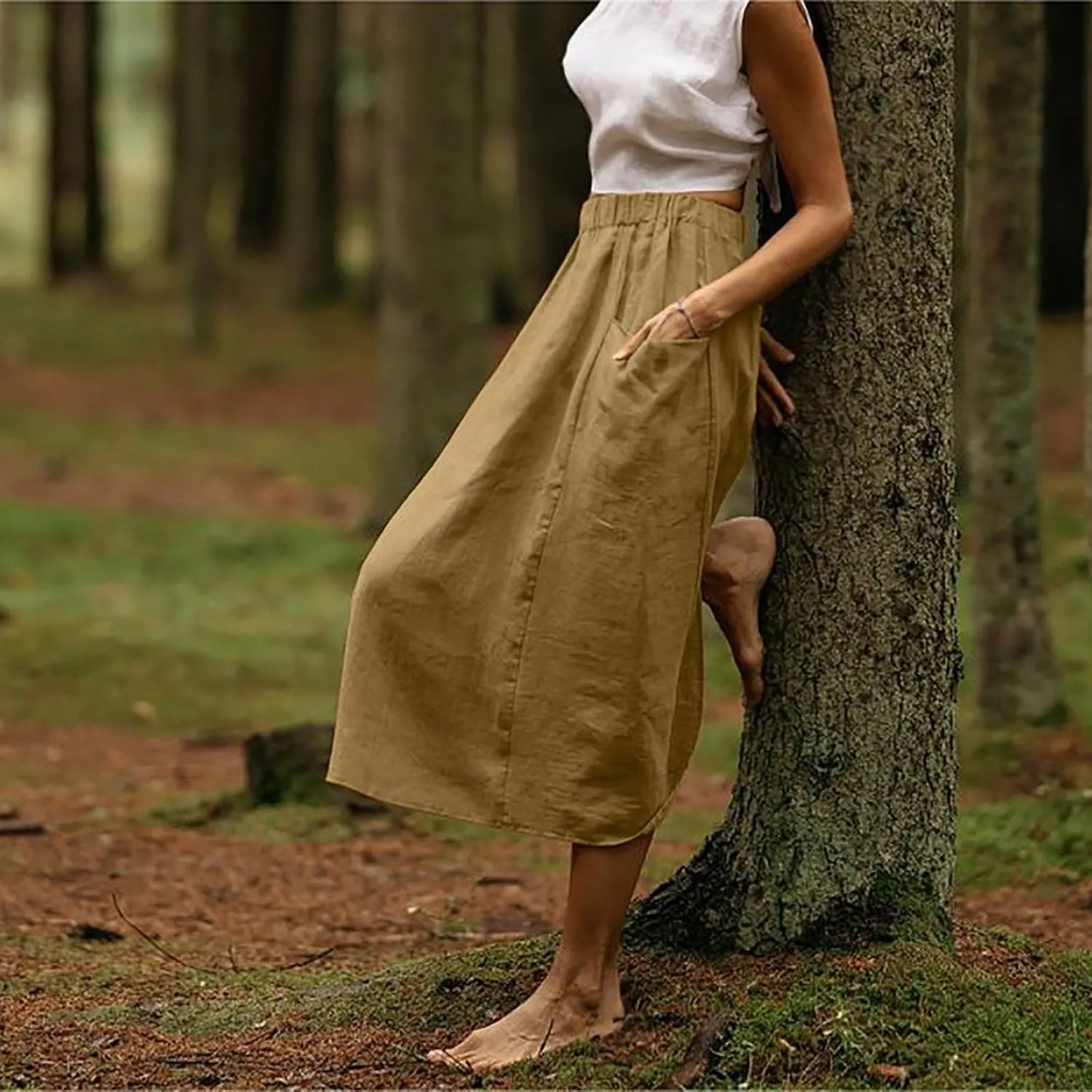 Summer Skirts for Women 2025 Trendy Soft Elastic Waisted Linen Skirt Midi Length Flowy Pleated Beach Maxi Skirt