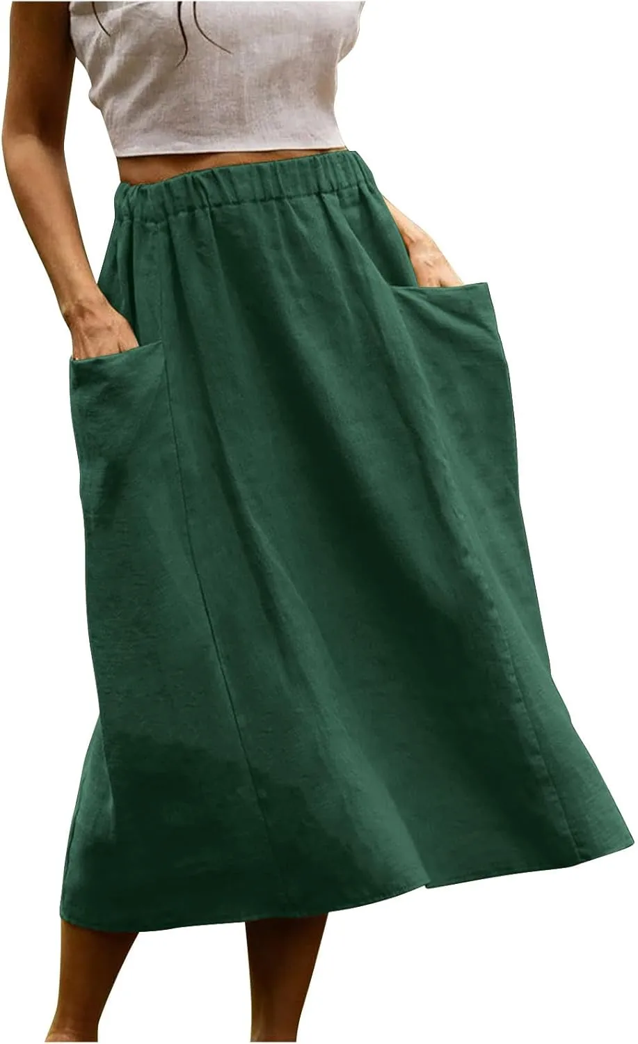 Summer Skirts for Women 2025 Trendy Soft Elastic Waisted Linen Skirt Midi Length Flowy Pleated Beach Maxi Skirt