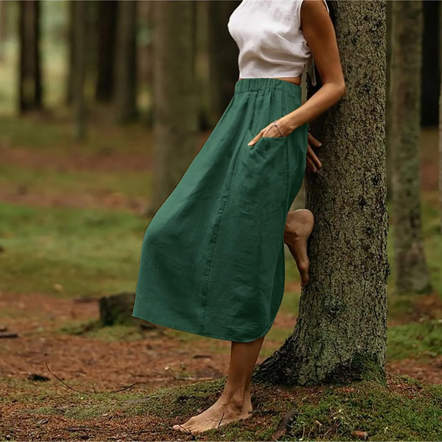 Summer Skirts for Women 2025 Trendy Soft Elastic Waisted Linen Skirt Midi Length Flowy Pleated Beach Maxi Skirt