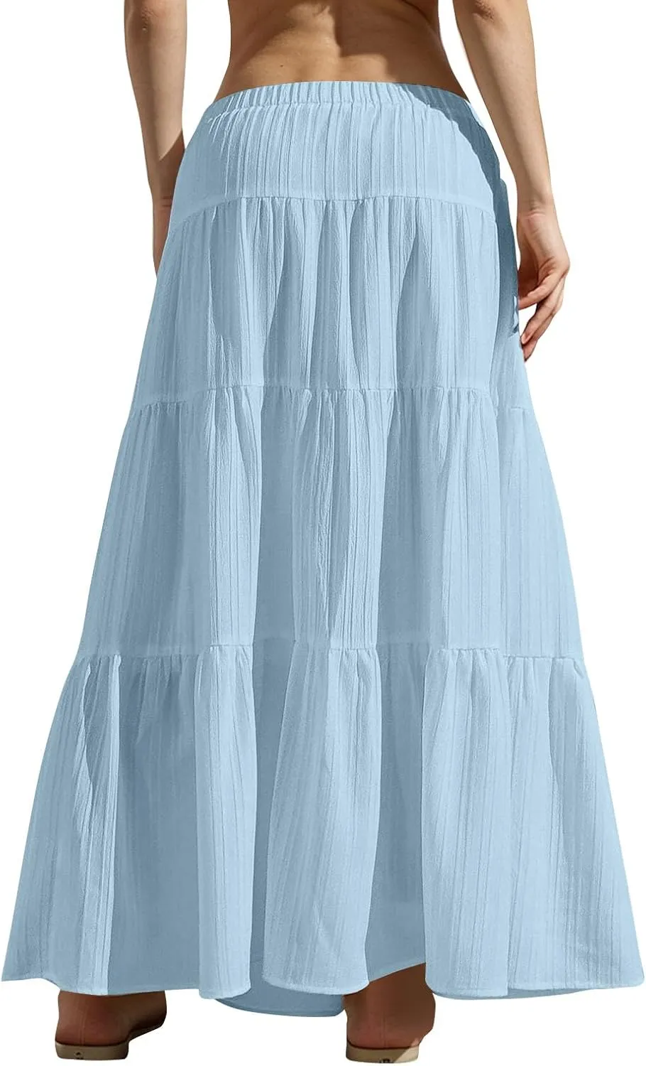 Summer Skirts for Women Casual Elastic High Waisted Pleated Skirt Midi Length Drawstring Flowy Beach Long Skirt