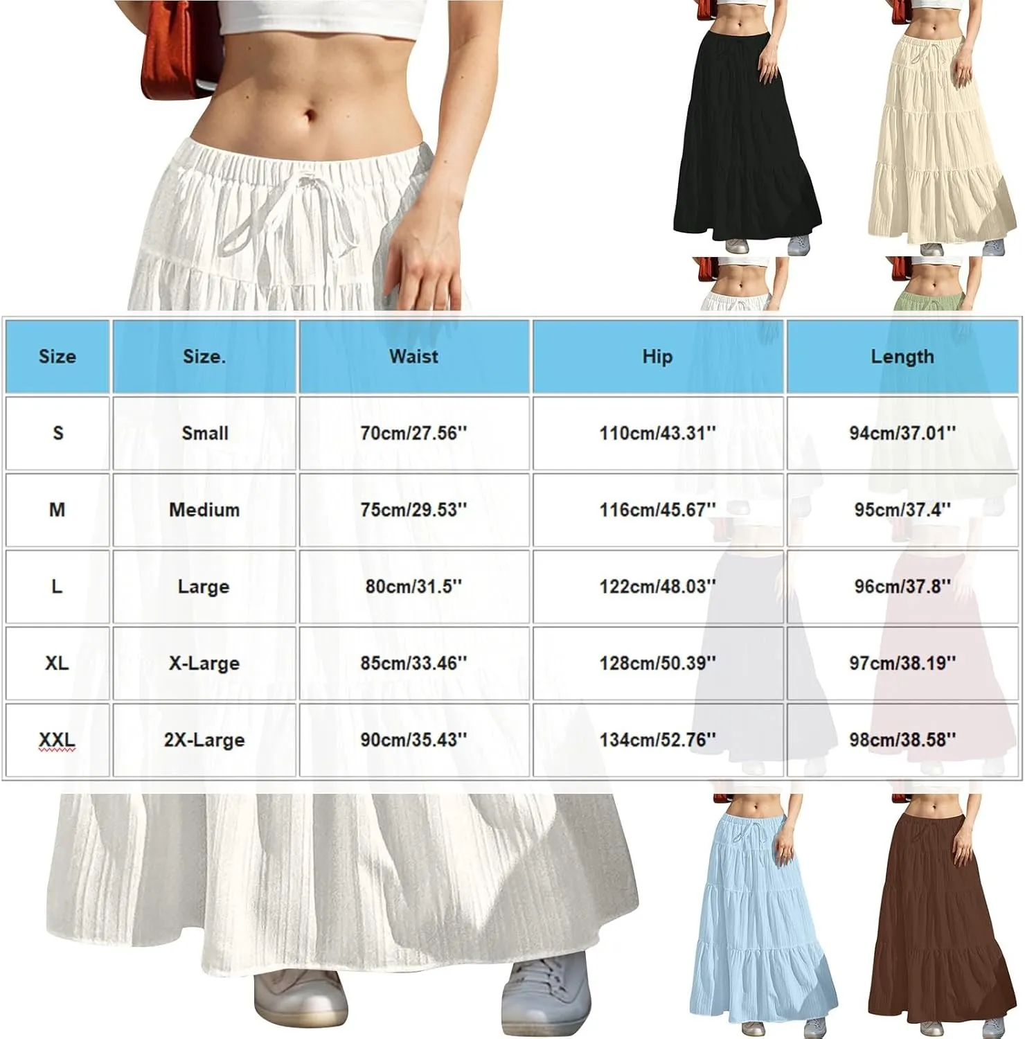 Summer Skirts for Women Casual Elastic High Waisted Pleated Skirt Midi Length Drawstring Flowy Beach Long Skirt