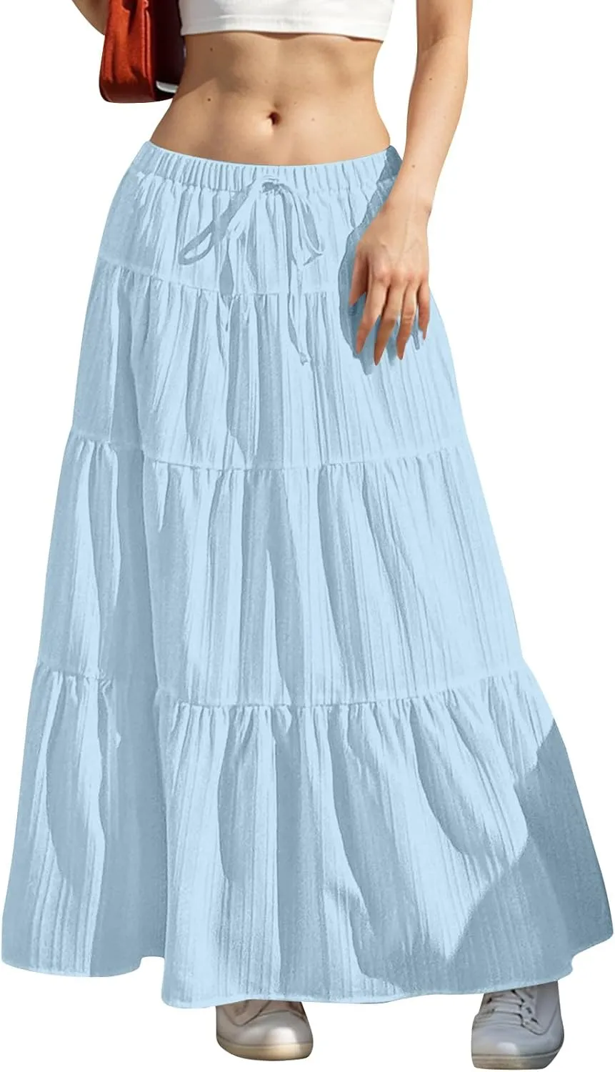Summer Skirts for Women Casual Elastic High Waisted Pleated Skirt Midi Length Drawstring Flowy Beach Long Skirt
