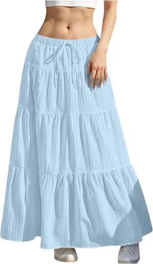 Summer Skirts for Women Casual Elastic High Waisted Pleated Skirt Midi Length Drawstring Flowy Beach Long Skirt