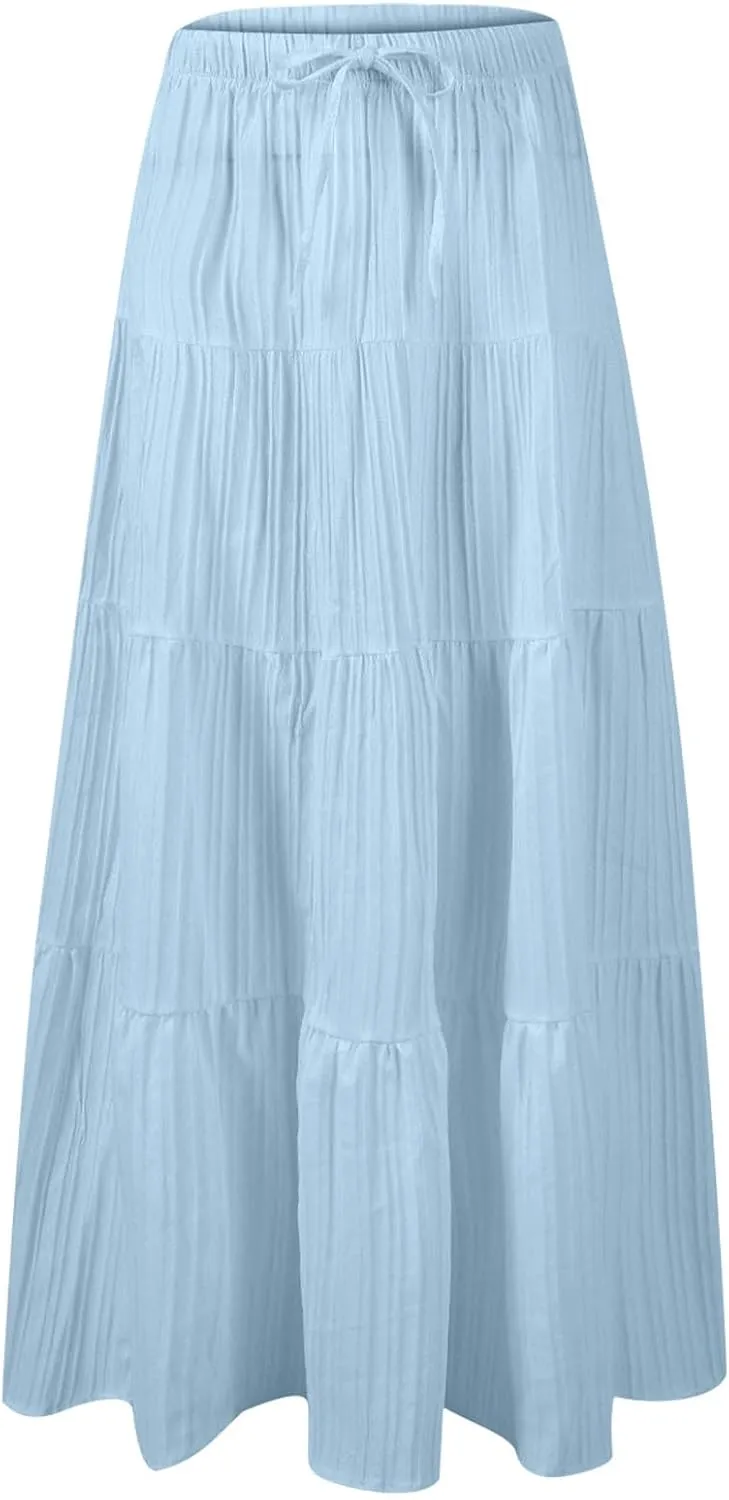 Summer Skirts for Women Casual Elastic High Waisted Pleated Skirt Midi Length Drawstring Flowy Beach Long Skirt