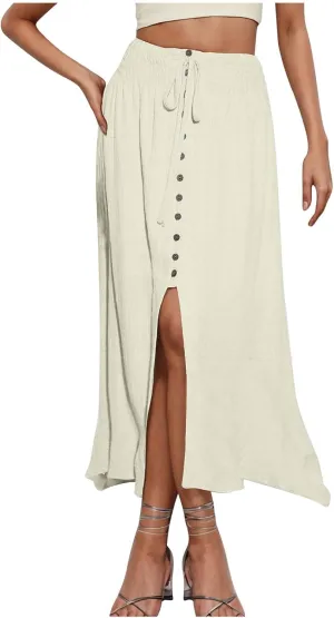 Summer Skirts for Women Vacation Beach Boho Pleated Long Skirt Front Button Elastic Waisted Maxi Skirt with Slit