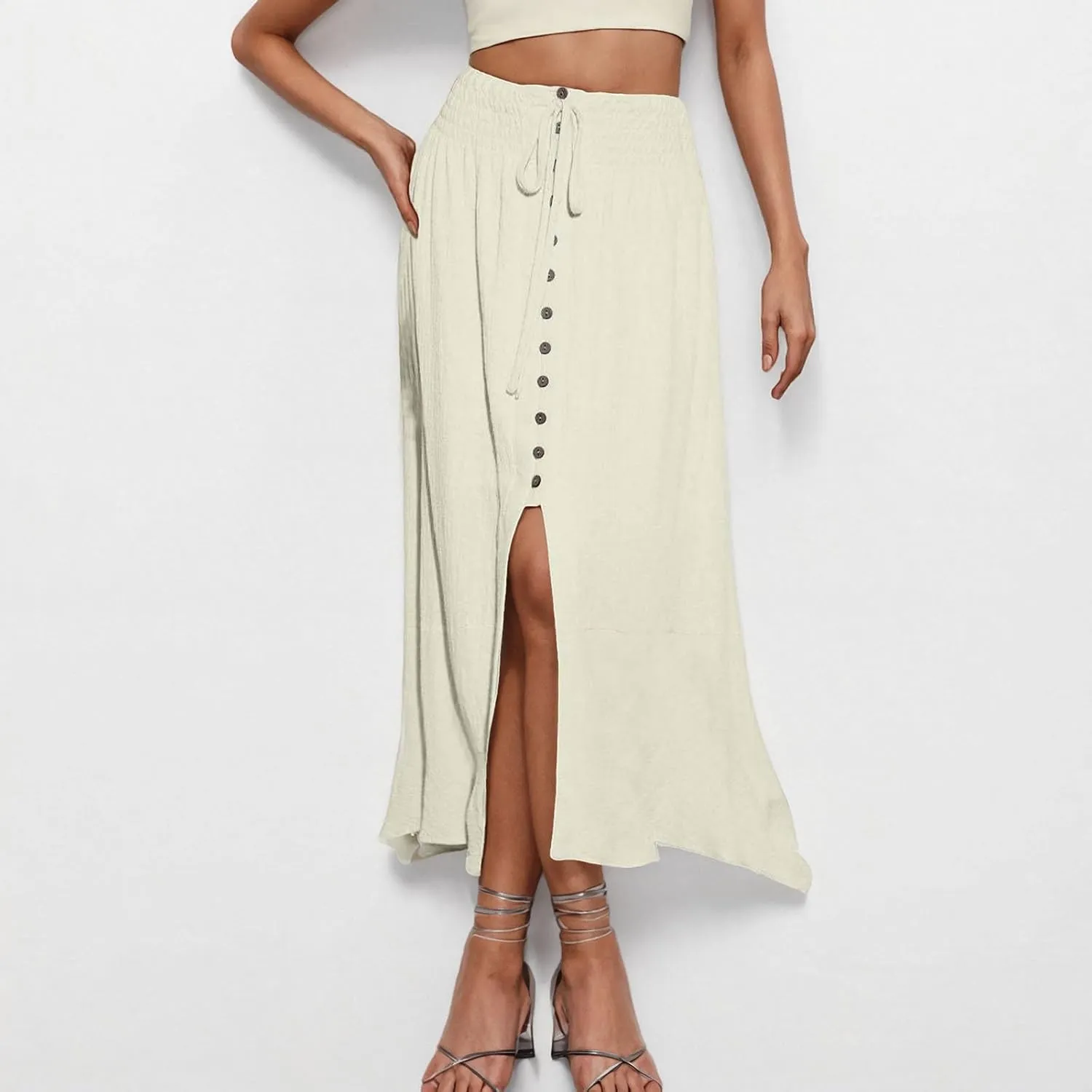 Summer Skirts for Women Vacation Beach Boho Pleated Long Skirt Front Button Elastic Waisted Maxi Skirt with Slit